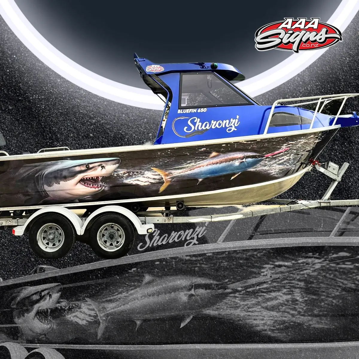 Sharonzi Bluefin 650 boat full wrap with shark and tuna design