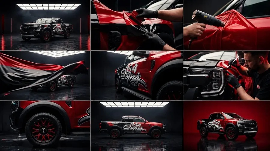Ford Ranger wrap detail collage showing vinyl install and finished vehicle