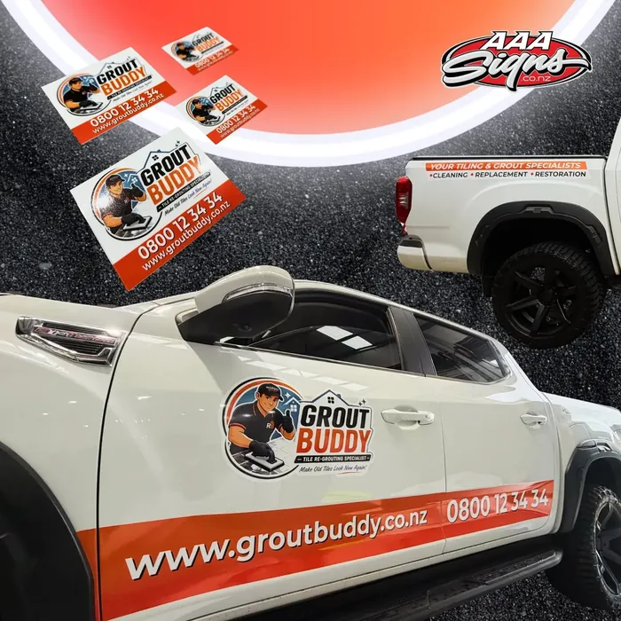 Grout Buddy ute wrap with matching vehicle magnets by AAA Signs